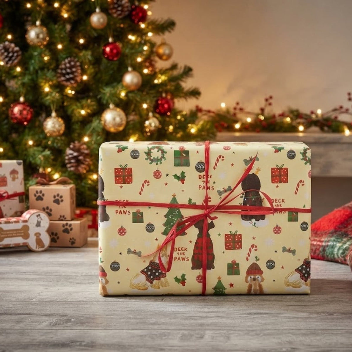 A Wag & Whistle Christmas treat box wrapped in dog print paper and tied with red raffia, sat under a decorated Christmas tree