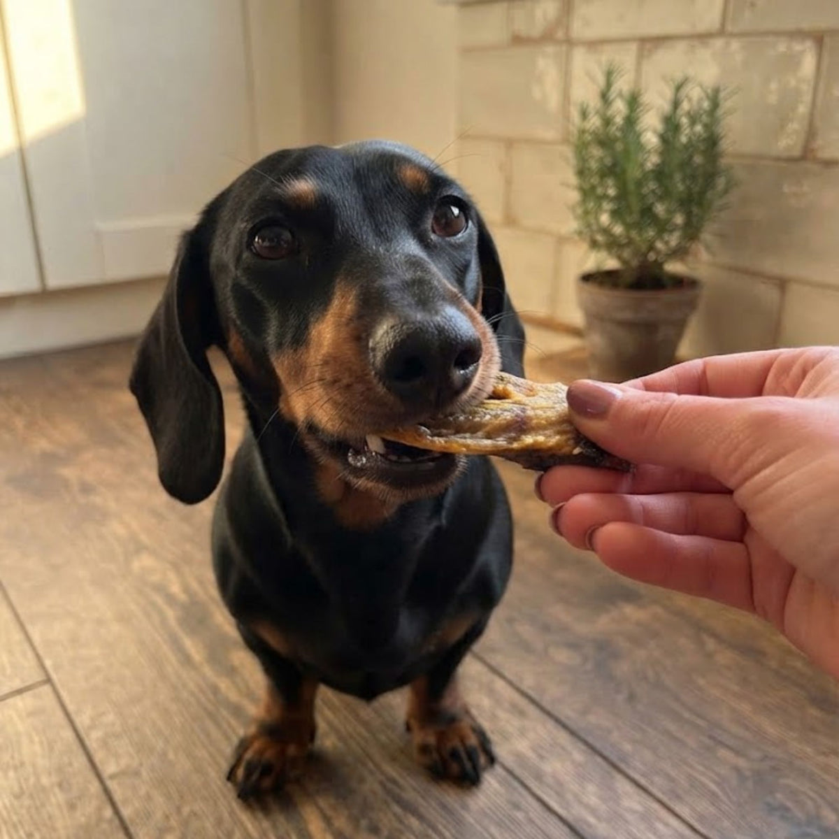 A black and tan dachshund taking a turkey wing tip from a hand