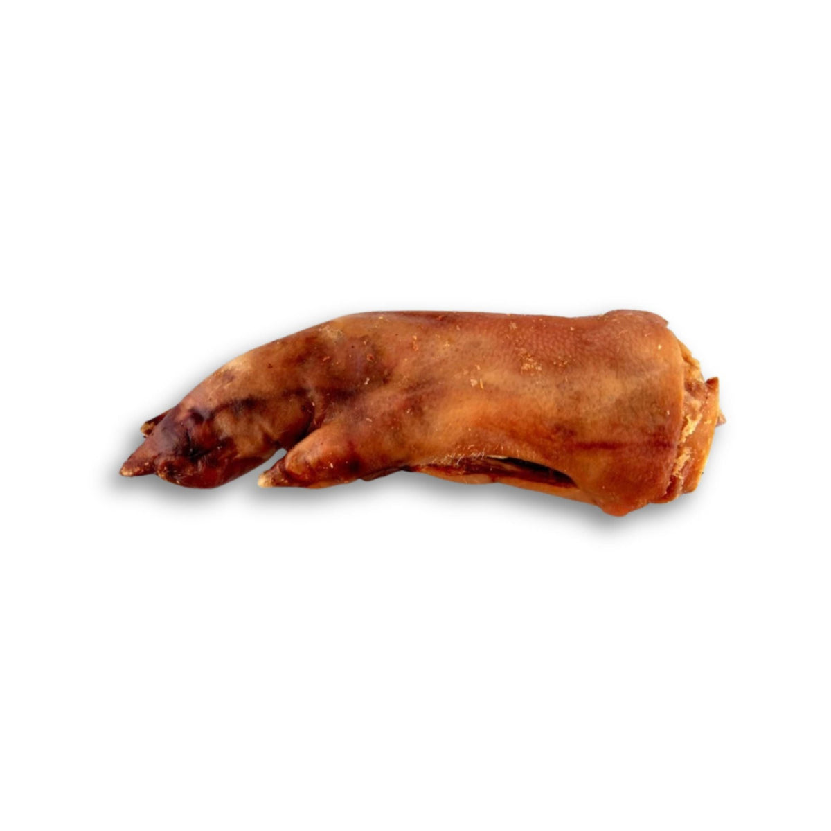 A single dried pig trotter dog chew on a white background