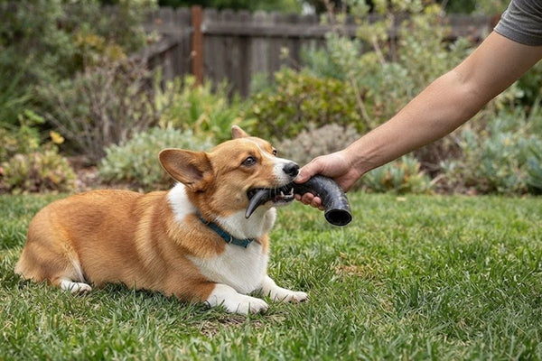 A corgi taking a buffalo horn chew from a hand in the garden