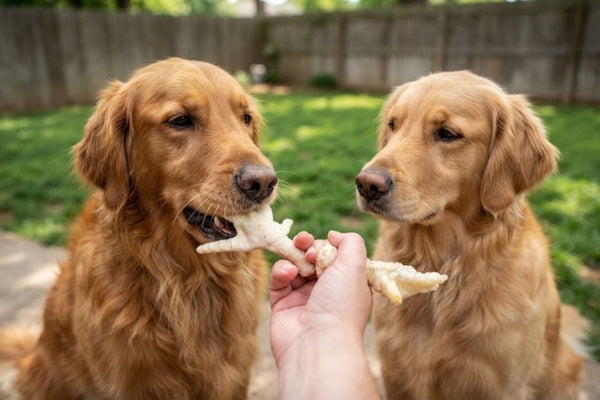Two golden retrievers being offered puffed chicken feet by hand in a garden
