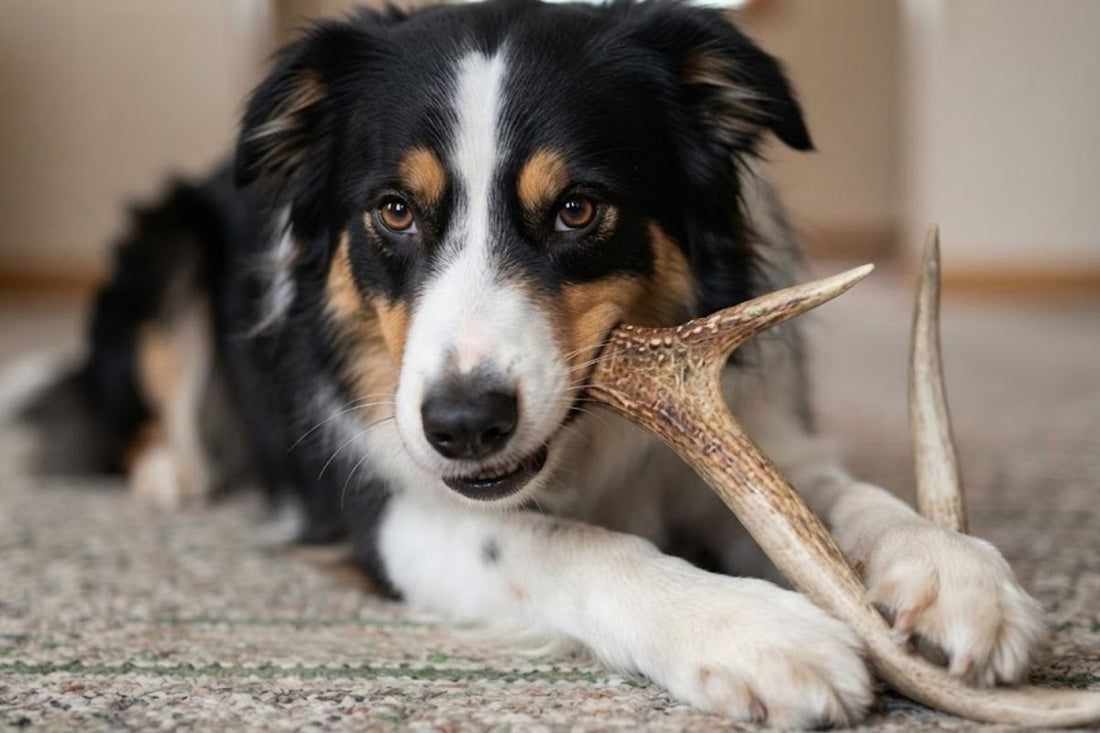 A border collie gnawing at a naturally shed deer antler held between its paws