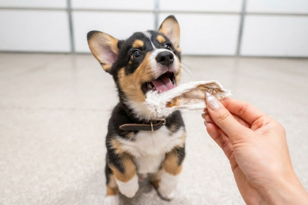 A corgi puppy taking a furry rabbit ear from a hand