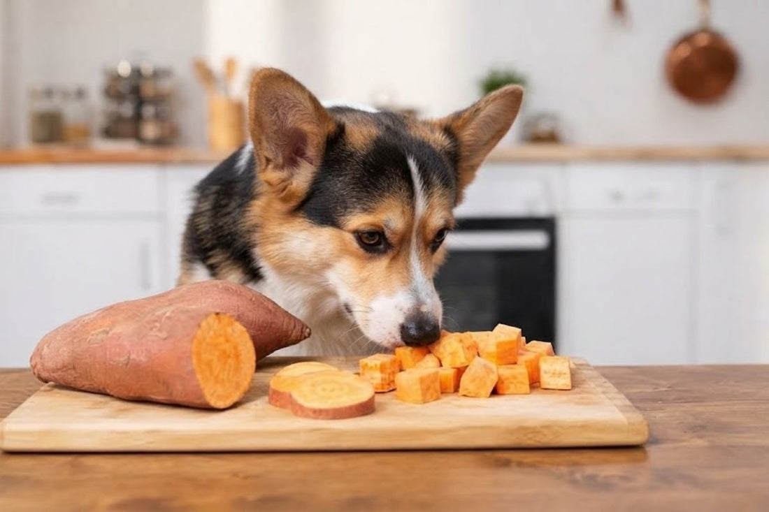 A corgi sniffing chopped sweet potato on a kitchen worktop