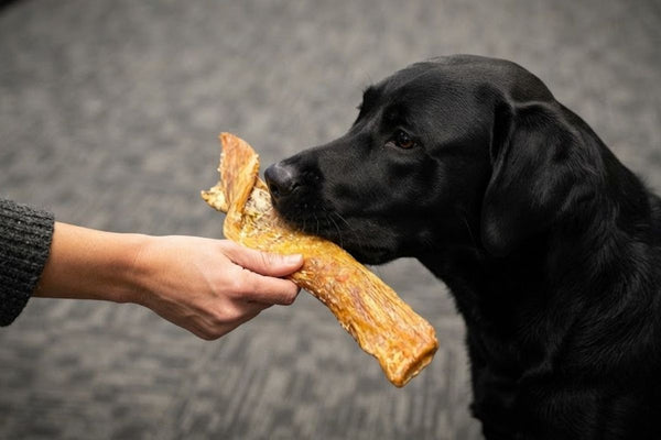 A black labrador taking a jumbo paddywack beef tendon chew from a hand
