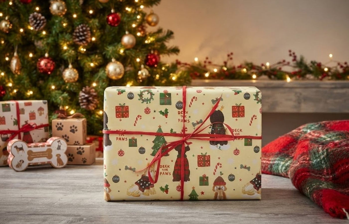 A Wag & Whistle dog treat gift wrapped in dog print paper and tied with red raffia, sat under a lit Christmas tree with a tartan blanket beside it