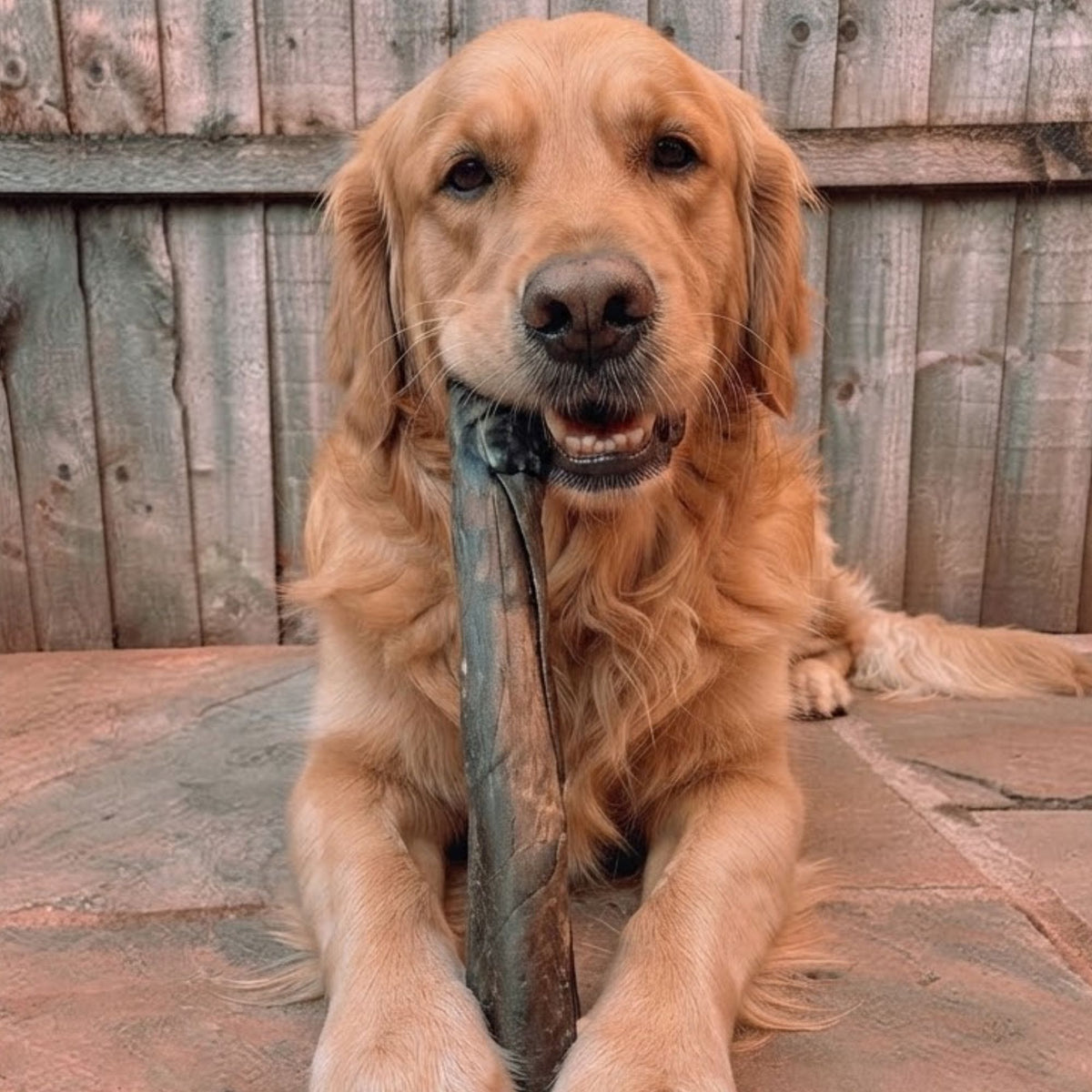Golden Retriever lying on a patio holding a camel wrap chew