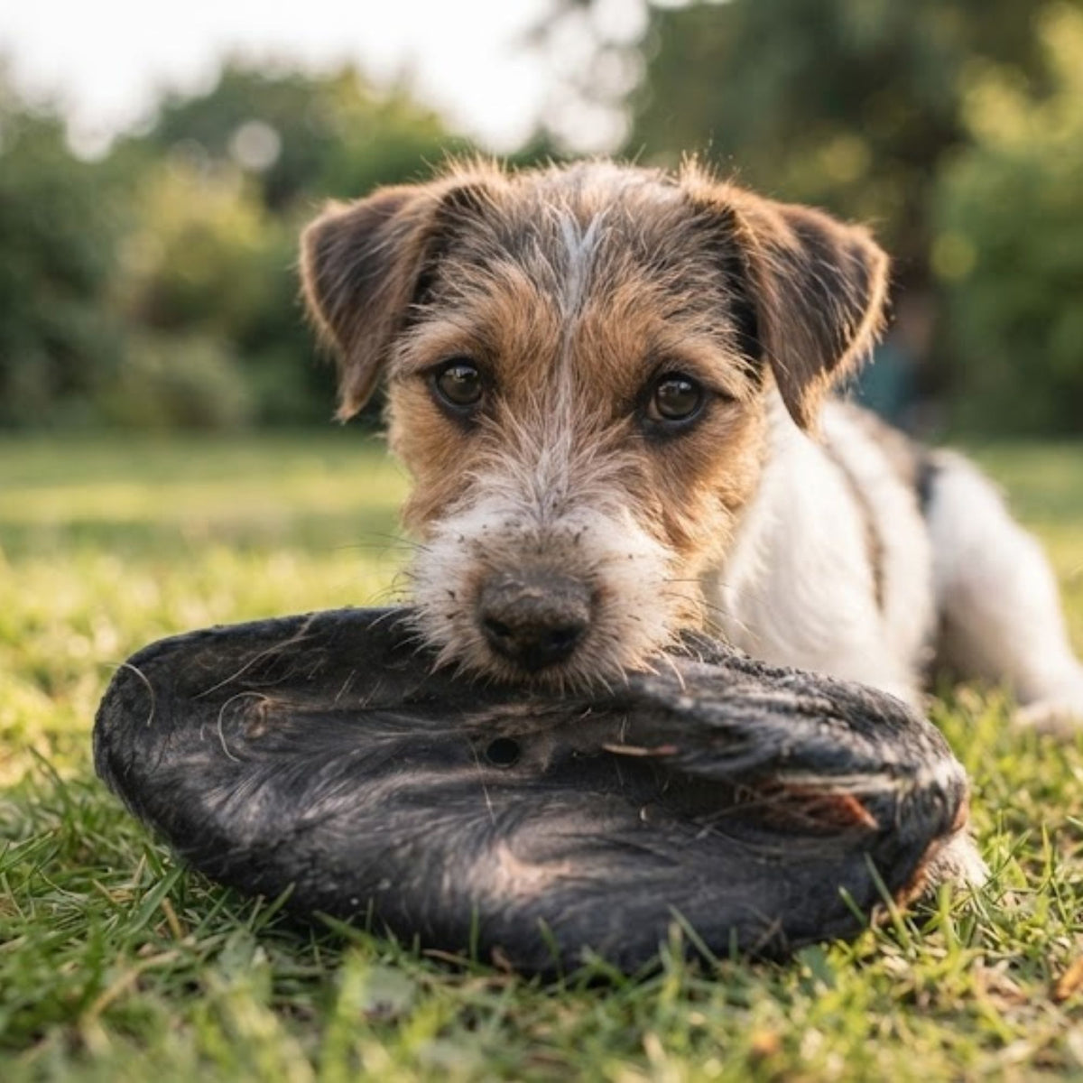 A jack russell terrier lying in the grass with a large hairy cow ear