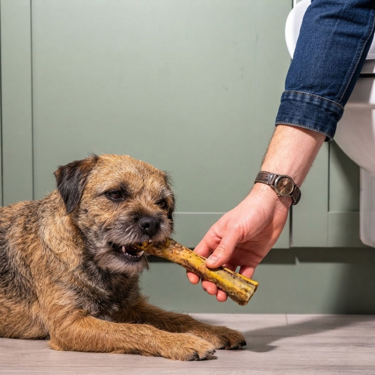 A border terrier lying on the floor taking an ostrich bone chew from a hand