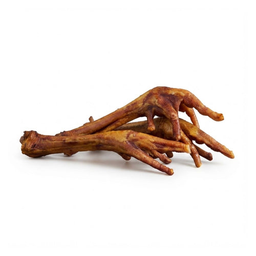 Three air-dried turkey feet dog chews on a white background