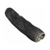 A furry buffalo wrap dog chew with the dark fur left on, on a white background
