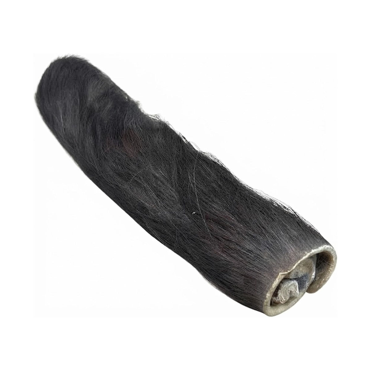 A furry buffalo wrap dog chew with the dark fur left on, on a white background