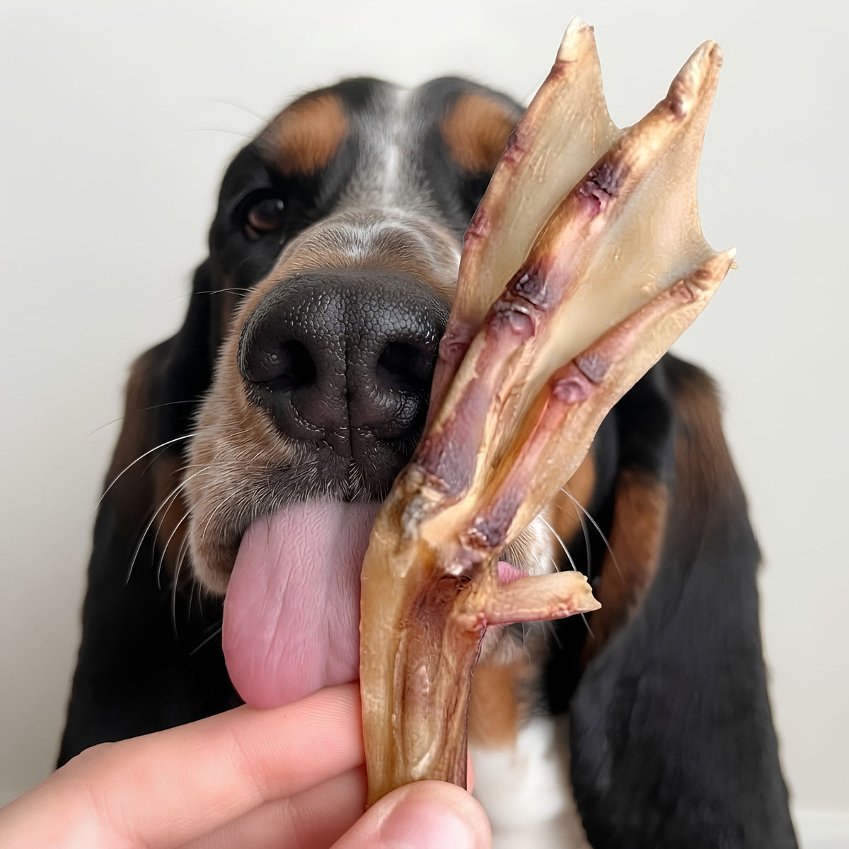 A basset hound licking a dried duck foot held out by hand