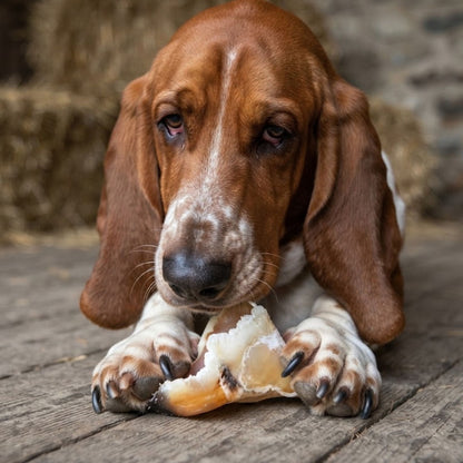 A basset hound chewing a calf hoof held between its paws