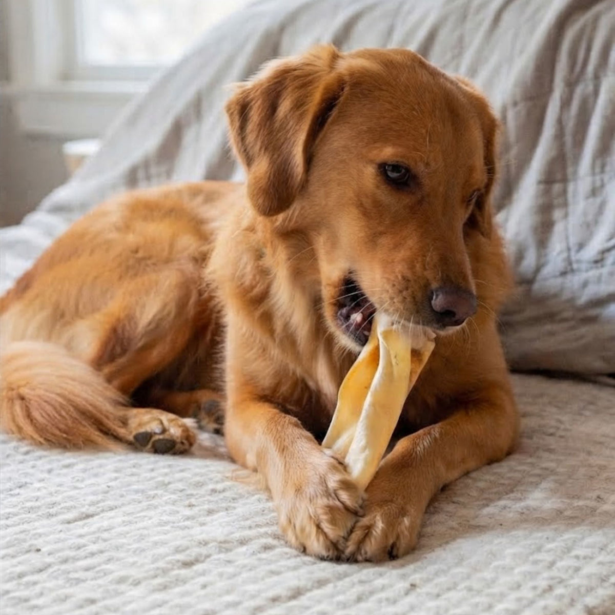A golden retriever lying on a bed chewing a dried goat ear held between its paws