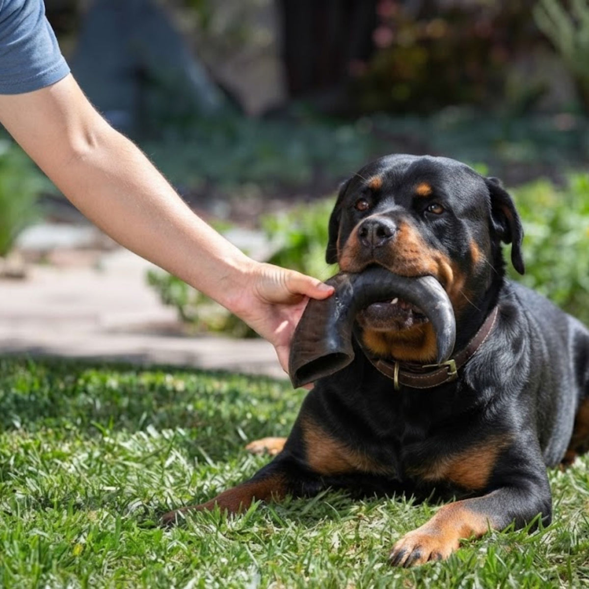 Rottweiler lying on the grass holding a buffalo horn chew
