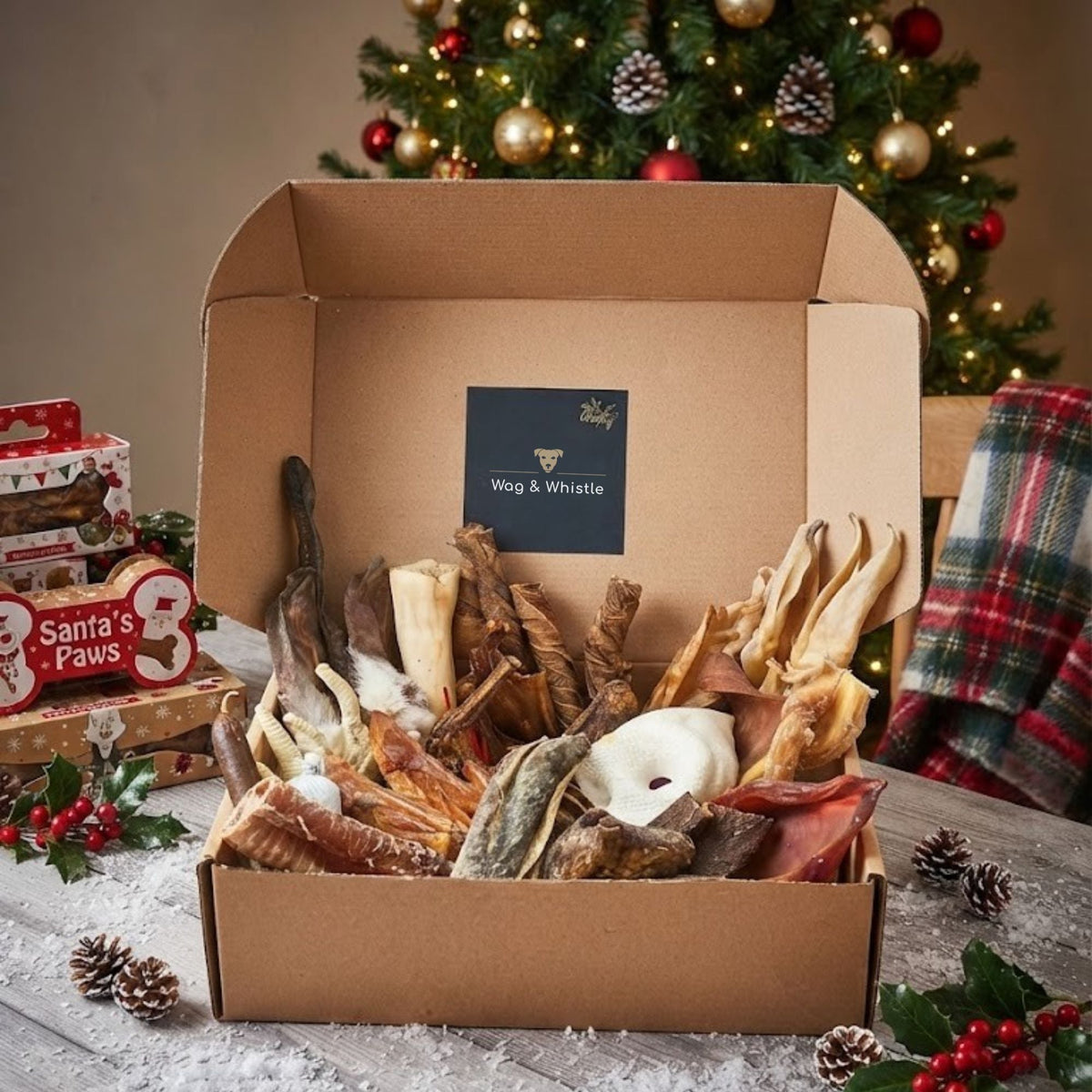 An open kraft Wag & Whistle gift box packed with natural dog chews including ears, feet, a wrap and a calf hoof, with a branded card inside and a Christmas tree behind
