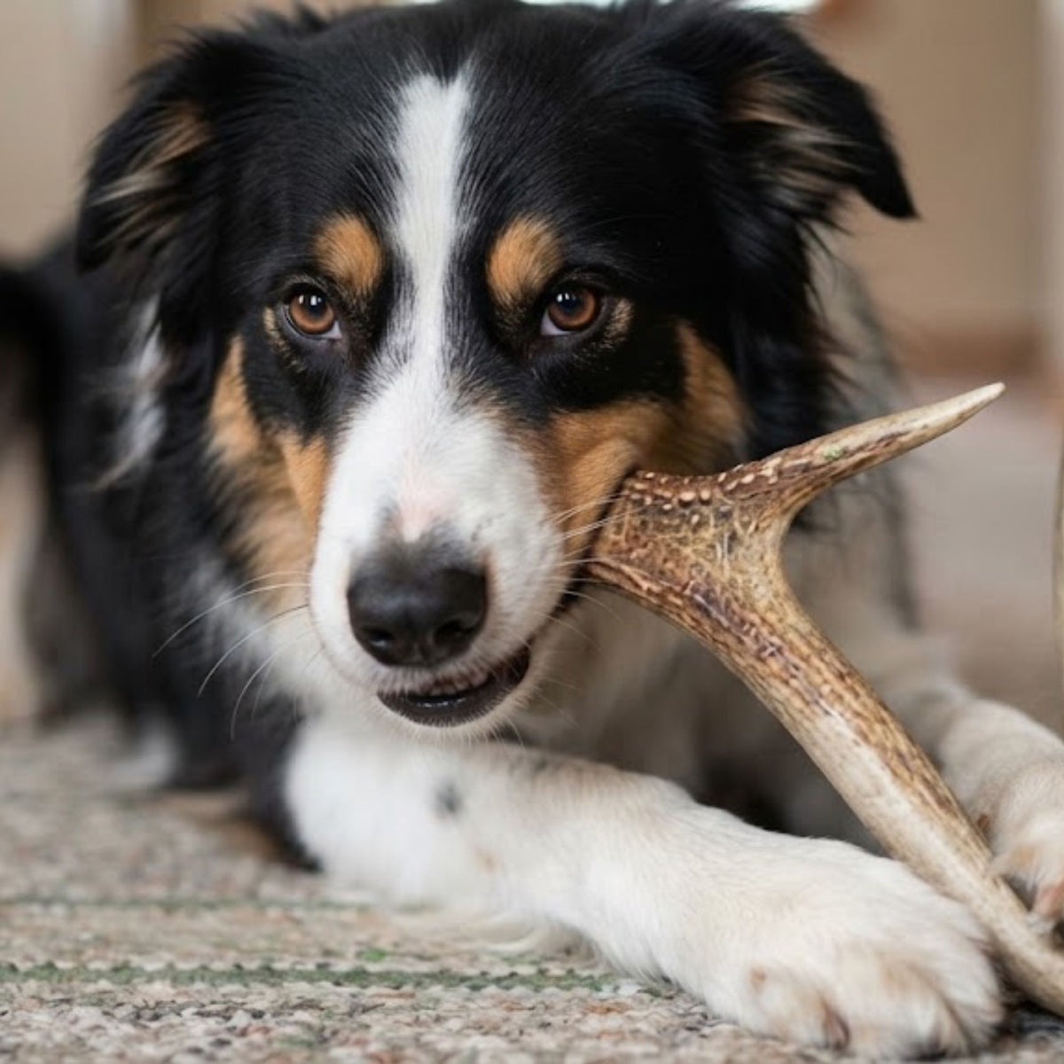 A tri-colour dog lying on a rug with a deer antler in its mouth
