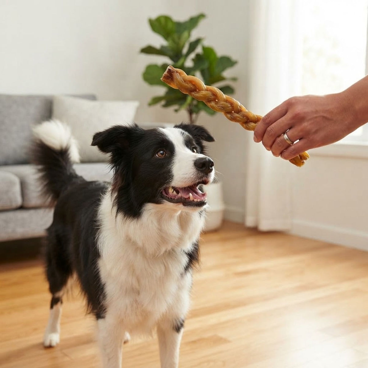 A border collie looking up at a braided tendon chew held in a hand