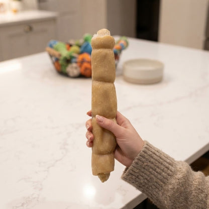 Hand holding a buffalo wrap chew to show its size