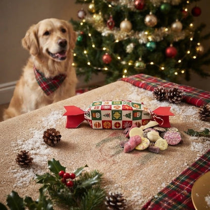A golden retriever in a tartan bandana sitting by a Christmas tree, with a Wag & Whistle dog Christmas cracker and a pile of pick n mix treats on the table in front