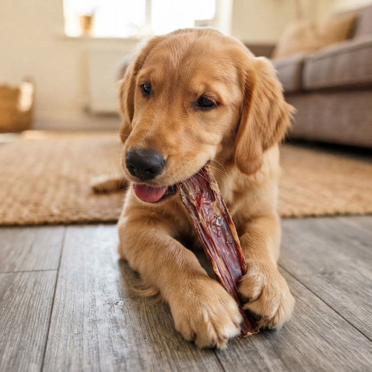 A golden retriever puppy lying on a wooden floor chewing a strip of beef biltong