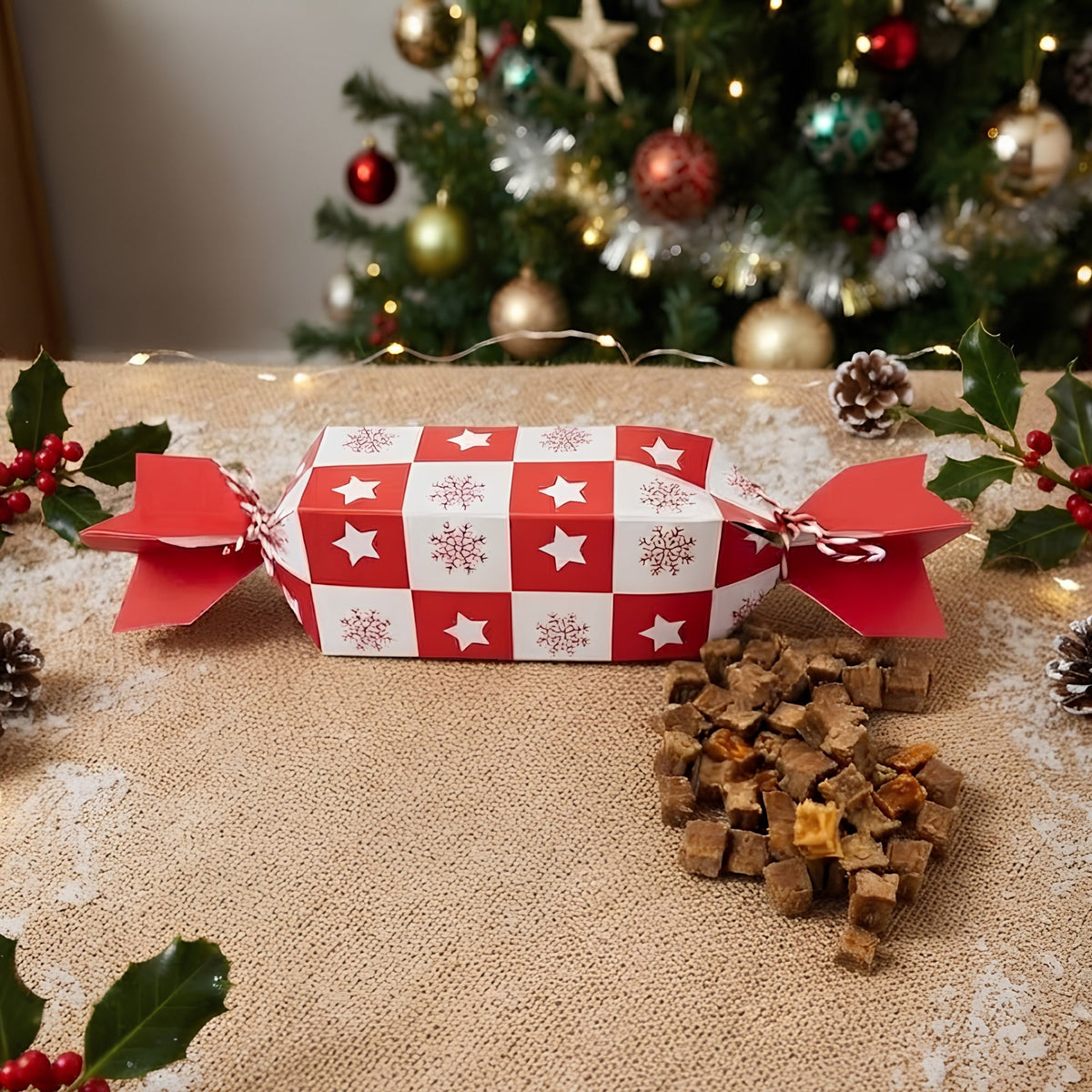 A Wag & Whistle dog Christmas cracker in red and white stars and snowflakes, with a pile of cubed duck training treats beside it and a Christmas tree behind