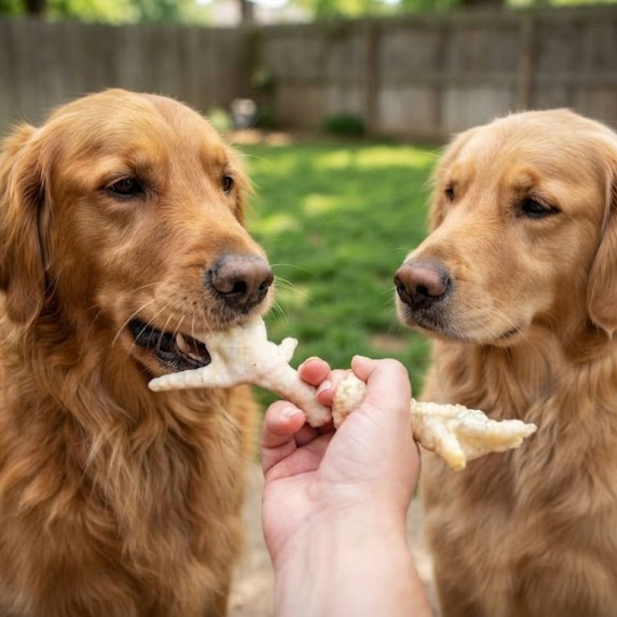 Two golden retrievers being offered puffed chicken feet by hand in a garden