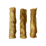 Three natural buffalo wrap dog chews on a white background