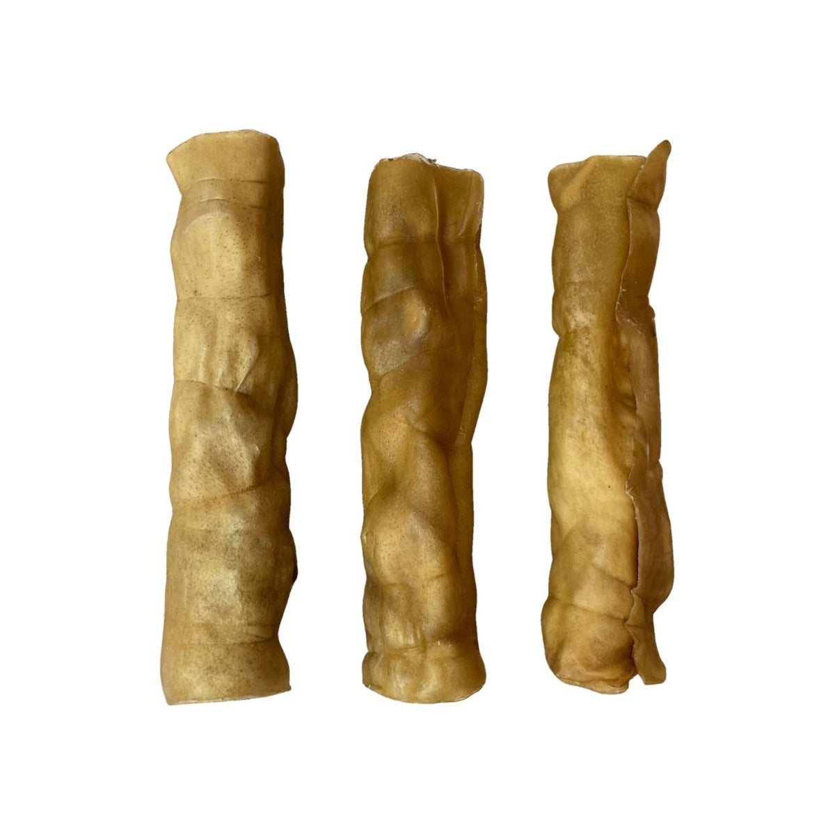 Three natural buffalo wrap dog chews on a white background