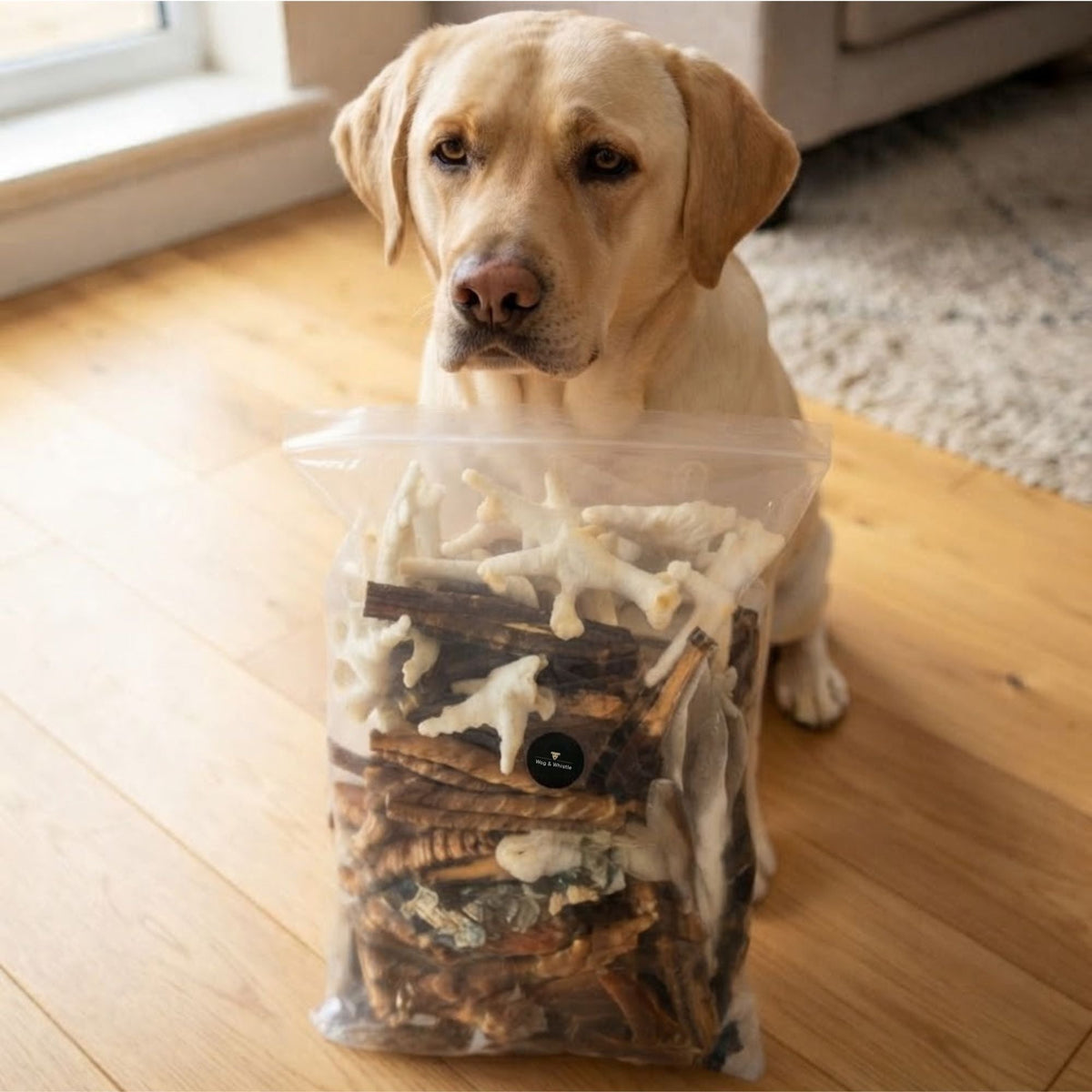 A yellow Labrador sitting behind a large Wag & Whistle bag of mixed natural dog treats