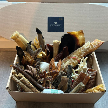 An open Wag & Whistle dog treat gift box packed with natural chews and treats