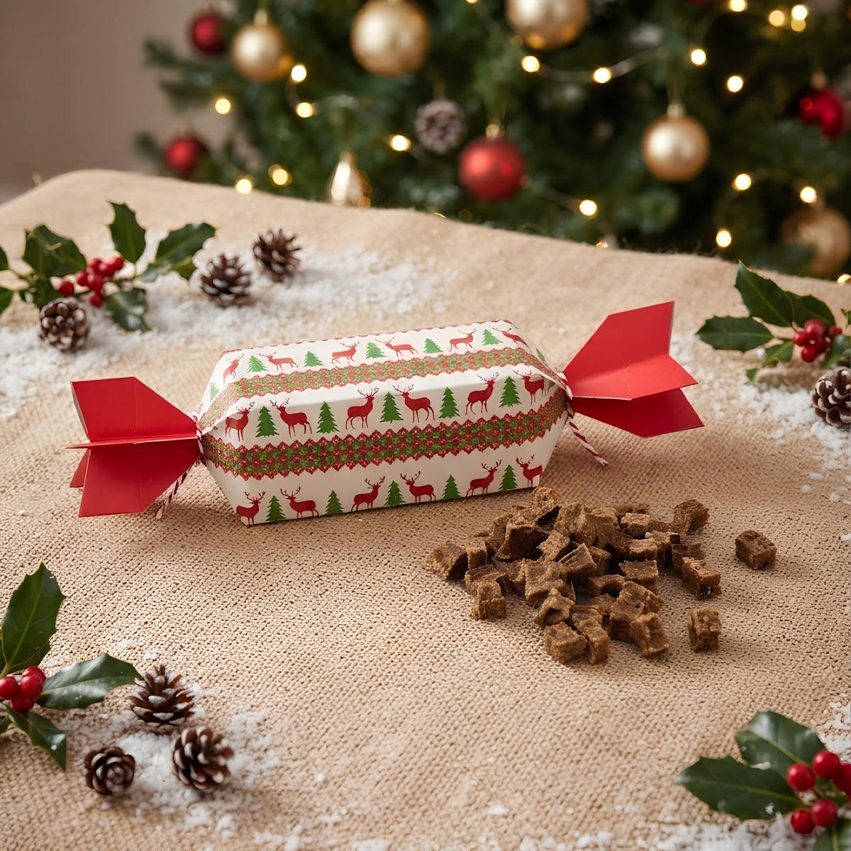A Wag & Whistle dog Christmas cracker in cream with red reindeer and green trees, with a pile of cubed venison training treats beside it and a Christmas tree behind