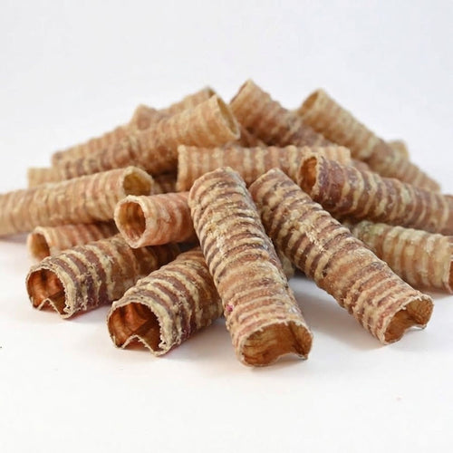 A pile of dried beef trachea for dogs, showing the hollow centre of each tube