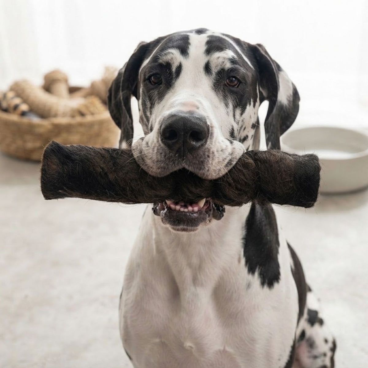 A harlequin Great Dane holding a furry buffalo wrap in its mouth
