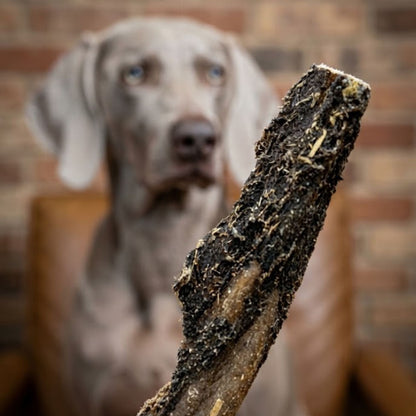 A close up of a dried beef tripe stick, with a weimaraner waiting in the background