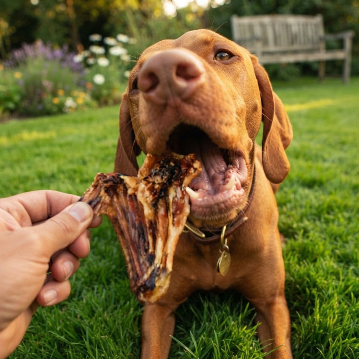 A vizsla in a garden being offered a dried duck wing by hand