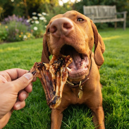 A vizsla in a garden being offered a dried duck wing by hand