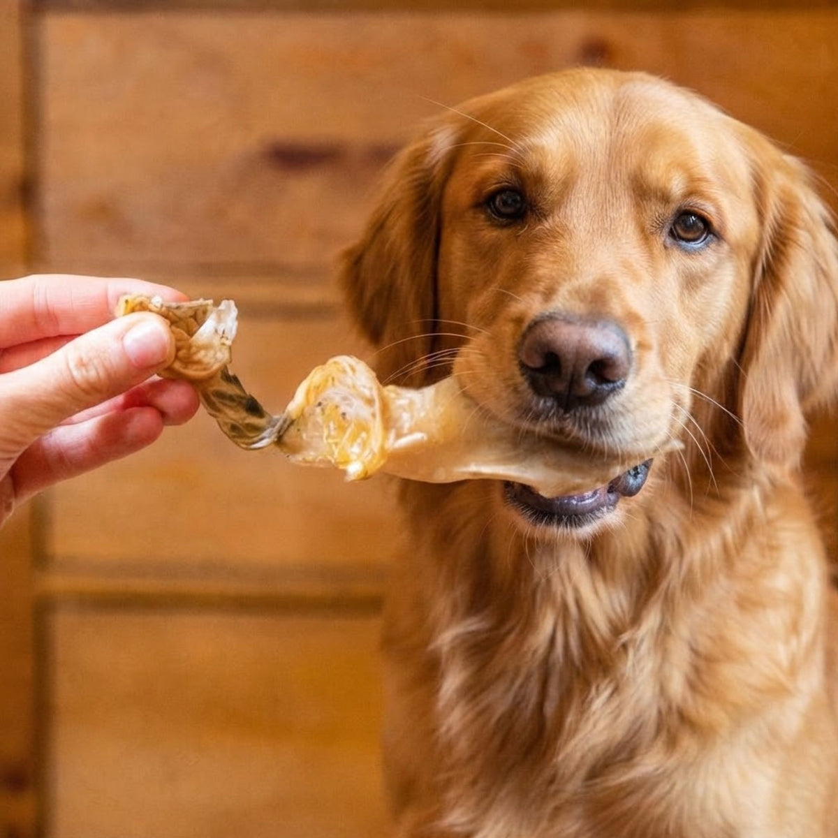 A golden retriever taking a hairless rabbit ear from a hand