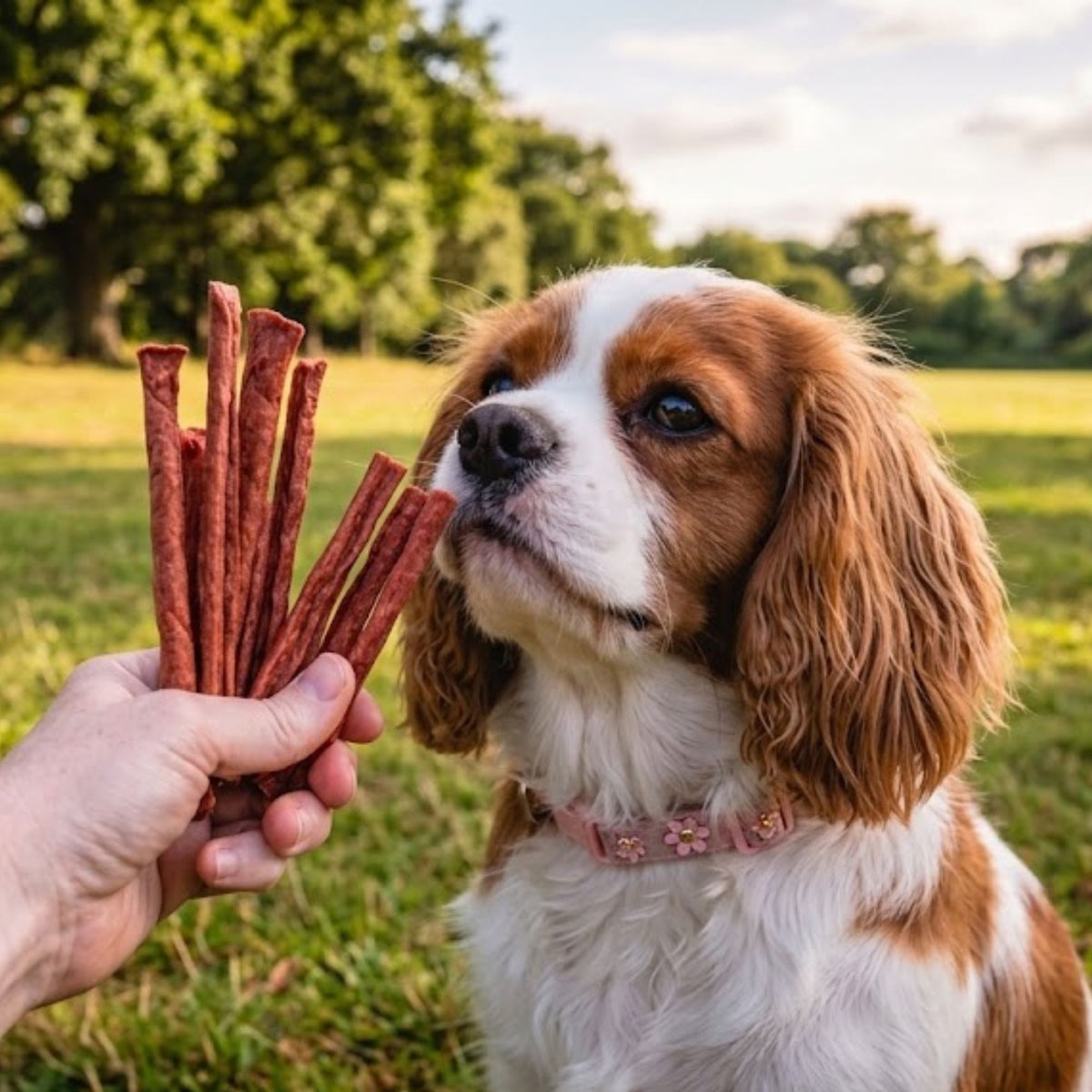 A Cavalier King Charles Spaniel sniffing a handful of pure meat sticks in a park