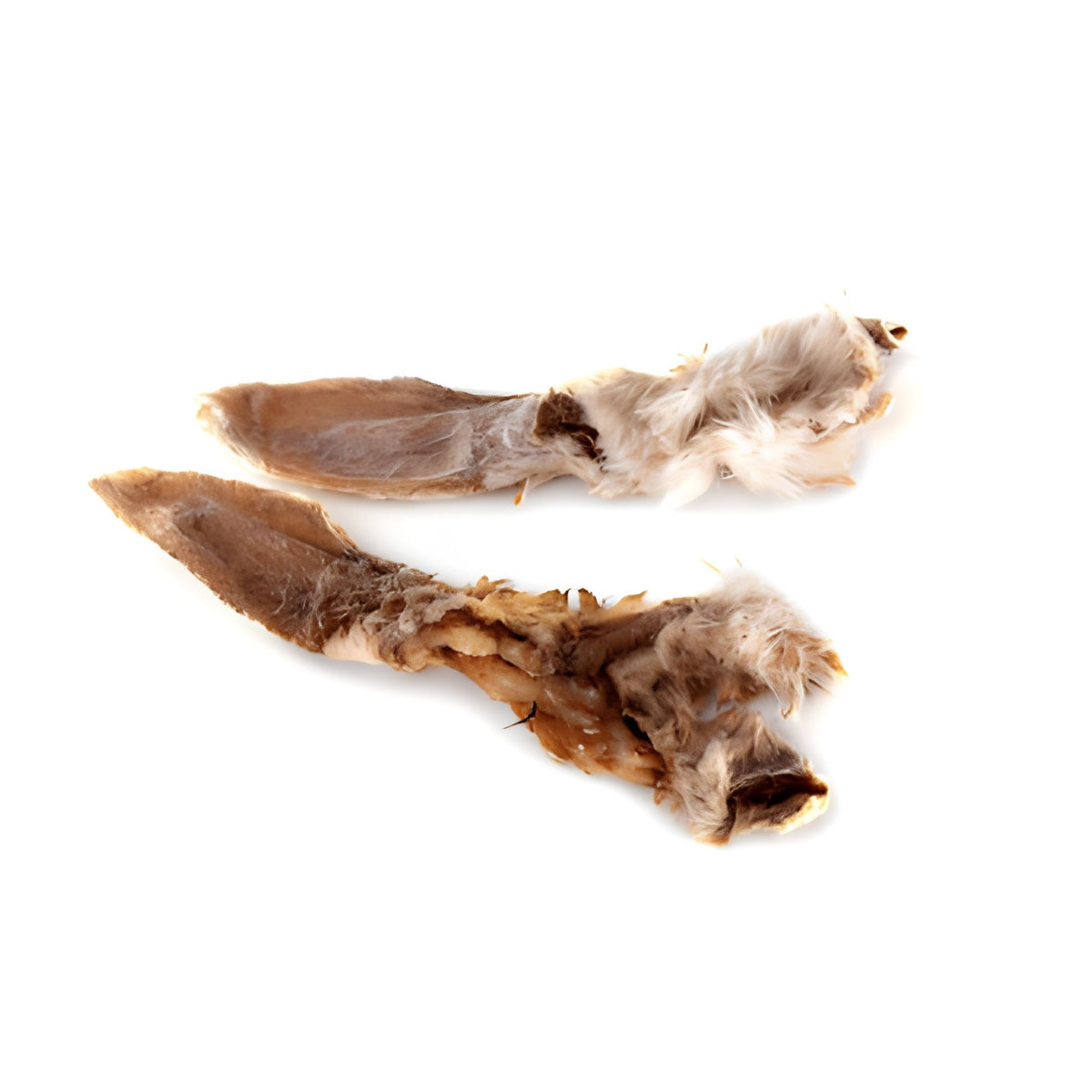Furry rabbit ear dog chew, showing the fur left on for natural fibre