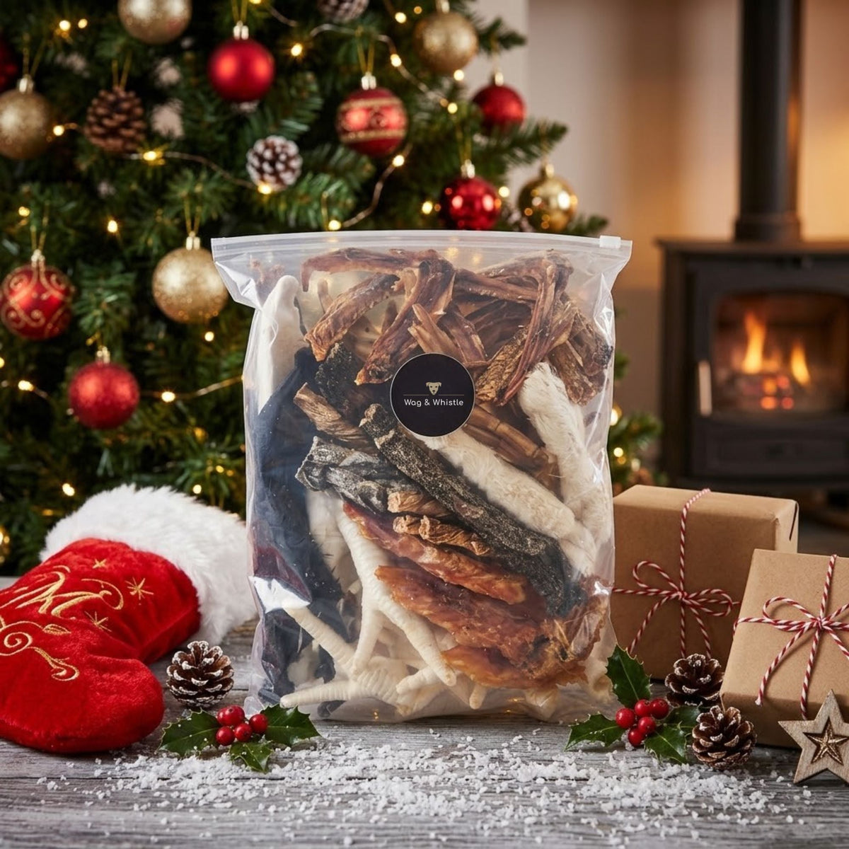 A resealable Wag & Whistle bag of fifty mixed natural dog treats sat in front of a decorated Christmas tree and a log burner, with presents and holly beside it