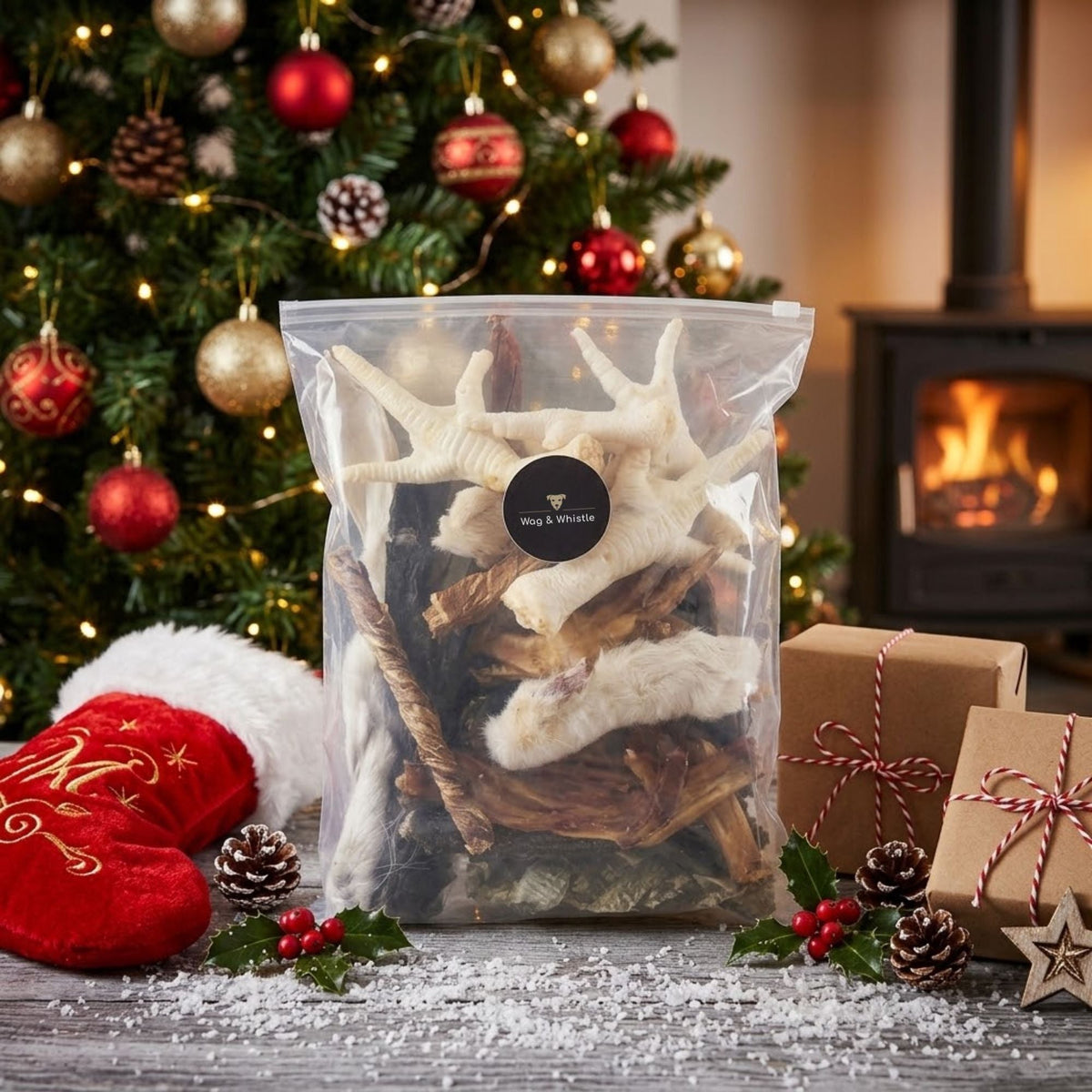 A resealable Wag & Whistle bag of twenty five mixed natural dog treats sat in front of a decorated Christmas tree and a log burner, with presents and holly beside it