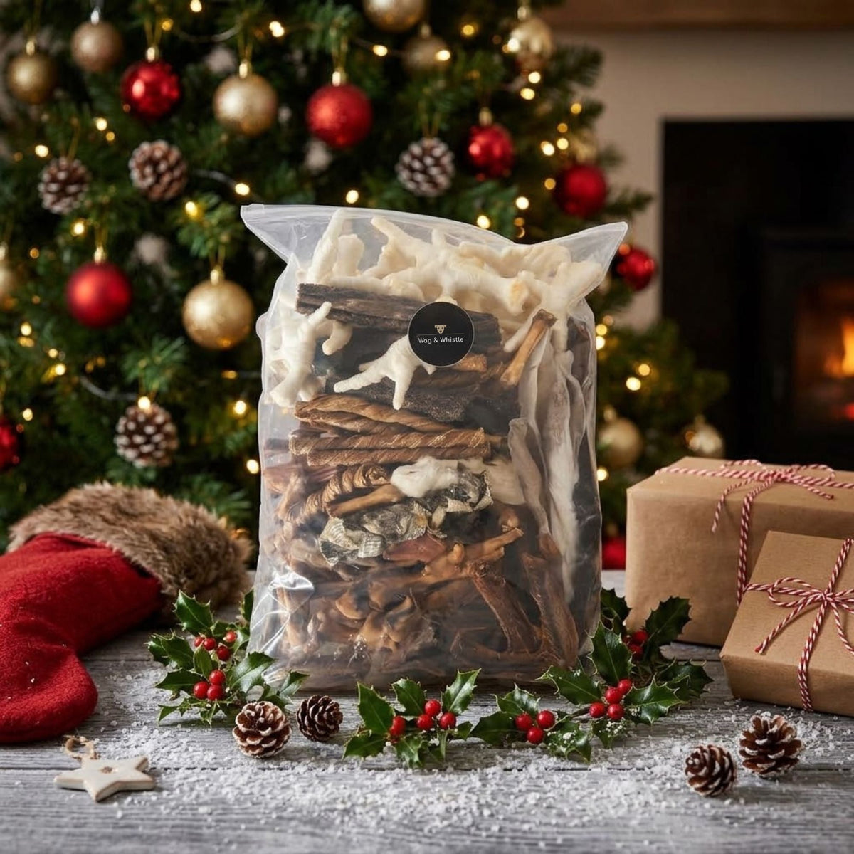 A large resealable Wag & Whistle bag of one hundred mixed natural dog treats sat in front of a decorated Christmas tree and a log burner, with presents and holly beside it