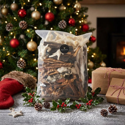 A large resealable Wag & Whistle bag of one hundred mixed natural dog treats sat in front of a decorated Christmas tree and a log burner, with presents and holly beside it