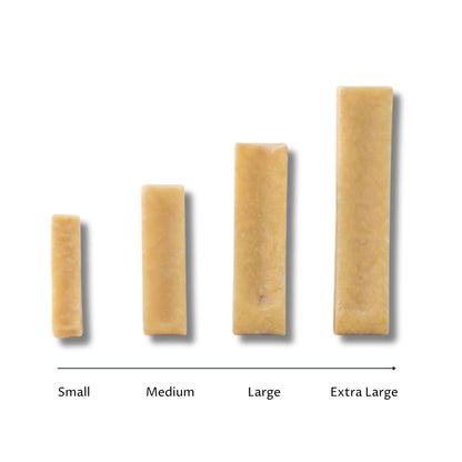Wag & Whistle yak bar size guide, showing Small, Medium, Large and Extra Large bars side by side